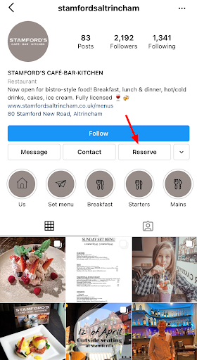 ‘Reserve’ button on Stamford’s Cafe’s Instagram page