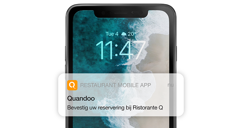 Smartphone met een app-notificatie van Quandoo met de tekst 'Bevestig uw reservering bij Ristorante Q’