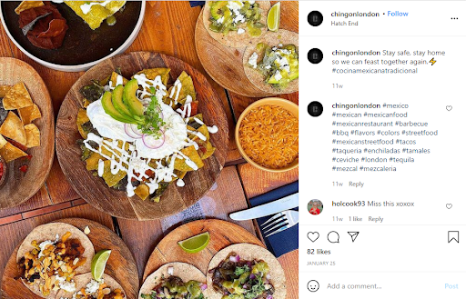 Instagram post of Mexican food from Chingon