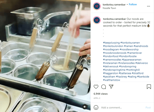 Instagram post of noodle preparation at Tonkotsu Bar