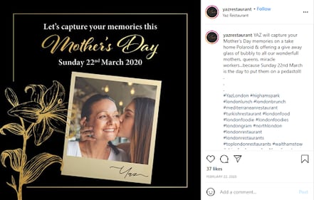 Mother’s Day Instagram post from Yaz Restaurant