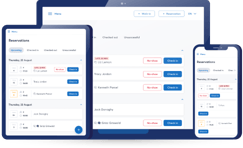 Product illustration of a tablet, laptop and smartphone. All devices show a reservation list from Quandoo for Restaurants.