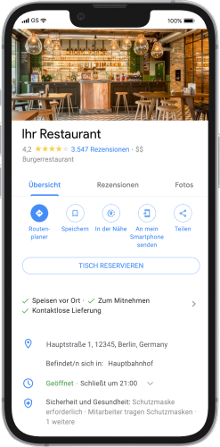 Produktabbildung eines Smartphones, auf dem ein Restaurant aus der Google Suche angezeigt wird.