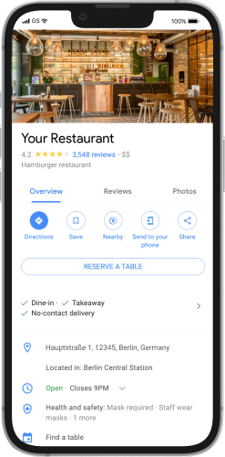 Product image of a smartphone displaying a restaurant from Google Search. 