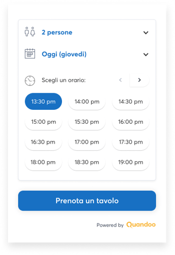 Immagine di prodotto del widget di prenotazione di Quandoo. È stata selezionata una fascia oraria con l'orario di prenotazione desiderato.