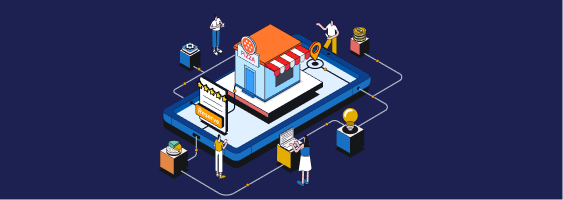 Illustration of a pizza restaurant with a 'Reserve' button in front of it. The user journey is illustrated as cables around the restaurant, showing that every step is connected digitally – from searching, getting ideas, reserving a table and visiting the restaurant. 