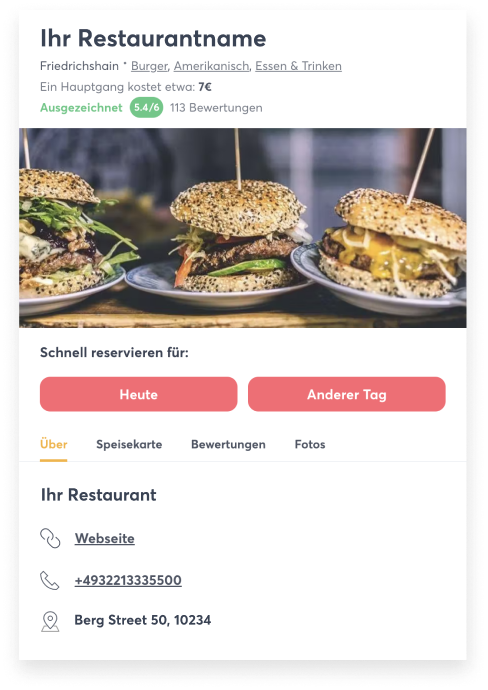 Musterbild eines Restaurantprofils in der Quandoo-App.