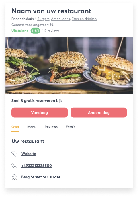 Sjabloonafbeelding van een restaurantprofiel in de Quandoo-app.