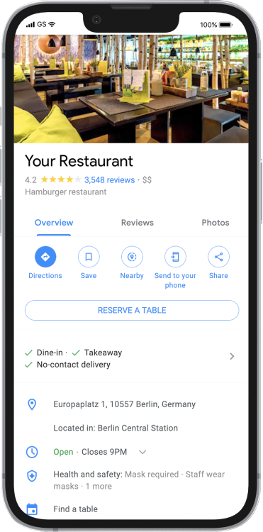 Product image of a smartphone displaying a restaurant from Google Search. 