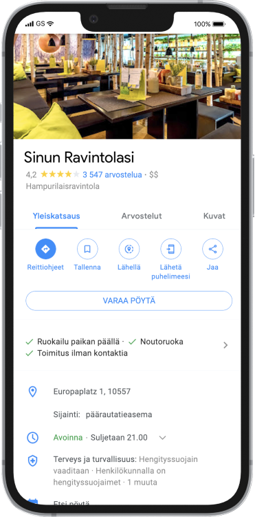 Tuotekuva älypuhelimesta, jonka näytöllä näkyy ravintola Google-hakupalvelussa.