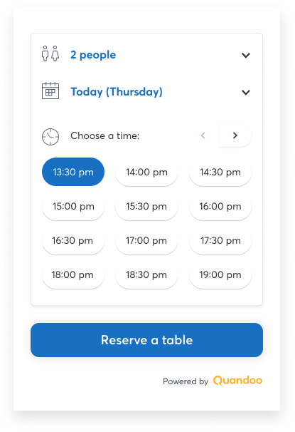 Product image of Quandoo's booking widget. A time slot representing the desired reservation time is selected. 