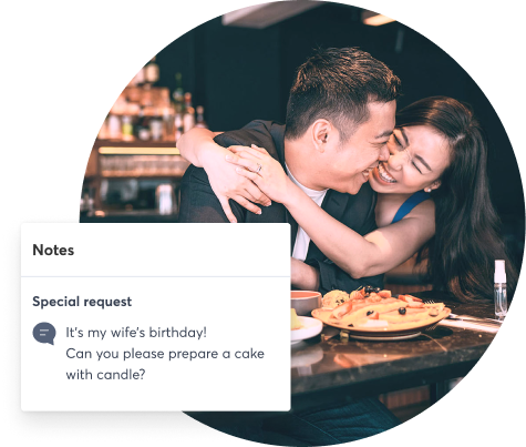 Cutout image of two happy diners. A note with a special birthday request is highlighted in the foreground. 