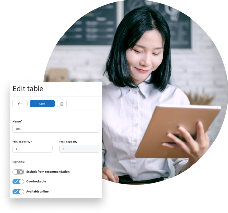 A waitress looking down at a tablet. In the foreground, a product screen for editing tables is highlighted.