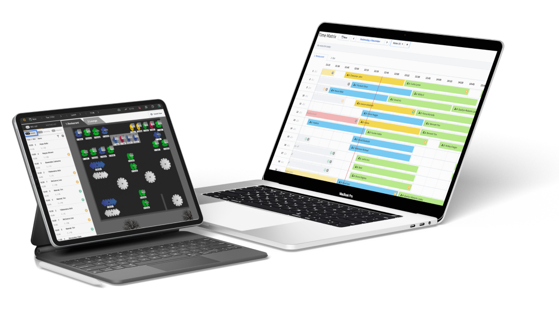 A tablet and a laptop displaying two different ways of displaying reservations.