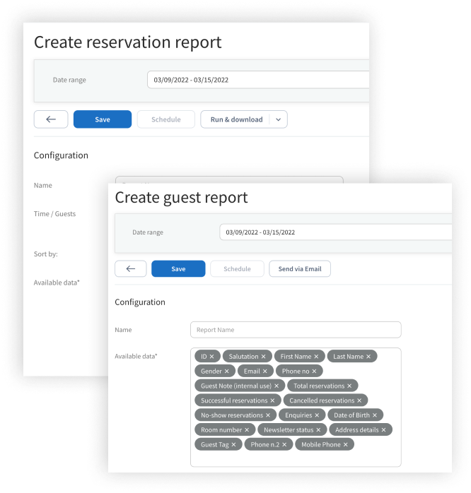 Two highlighted product menus with the headlines 'Create reservation report' and 'Create guest report'
