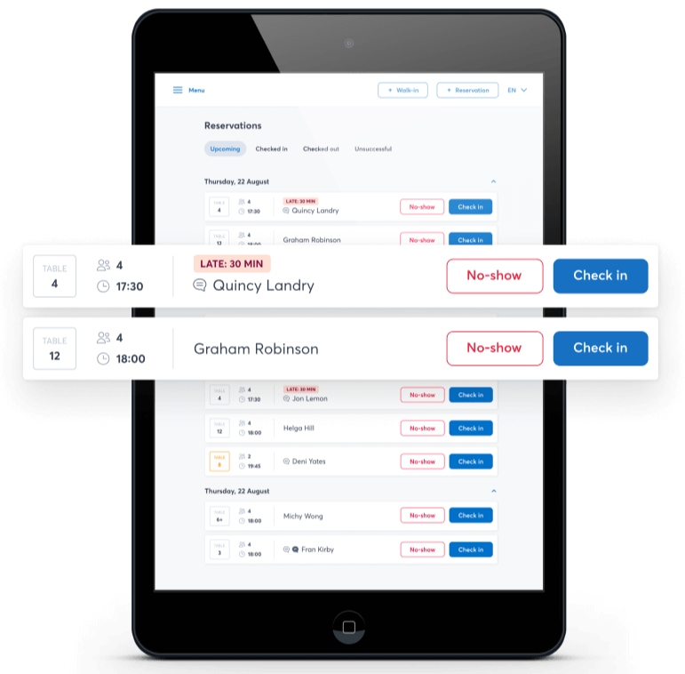 Product image of a tablet displaying a reservation list. Two reservations are highlighted in the image, with buttons for 'No-show' and 'Check in' as options.