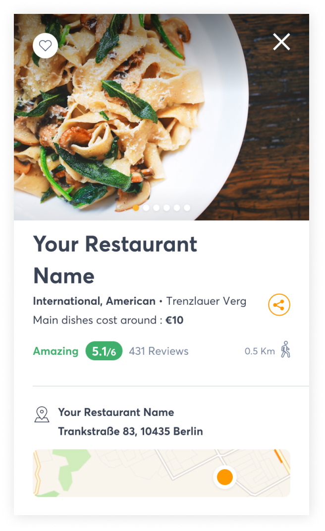 Template image of a restaurant profile in the Quandoo app.