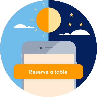 Illustration showing a phone with a highligted button that says 'Reserve a table'. The background is split into two: The left half shows a blue sky with a sun, the right side shows the night sky with a moon and stars.