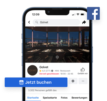 Ein Smartphone, auf dem das Facebook-Profil eines Restaurants angezeigt wird. Ein Button mit der Aufschrift „Jetzt buchen“ wird hervorgehoben.