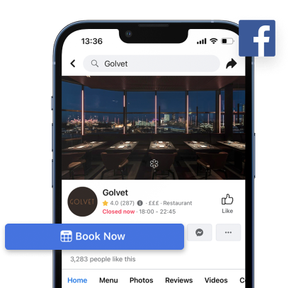 A smartphone displaying a restaurant's Facebook profile. A button saying 'Book now' is highlighted. 