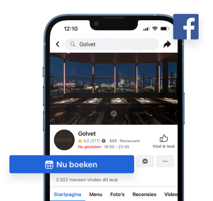 Een smartphone met het Facebookprofiel van een restaurant. Een knop met de tekst 'Reserveer nu' is gemarkeerd. 